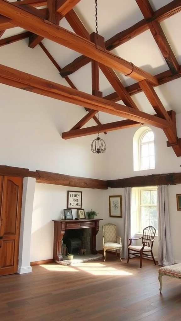 A spacious bedroom with rustic wooden beams and high ceilings, featuring light walls and classic furnishings.