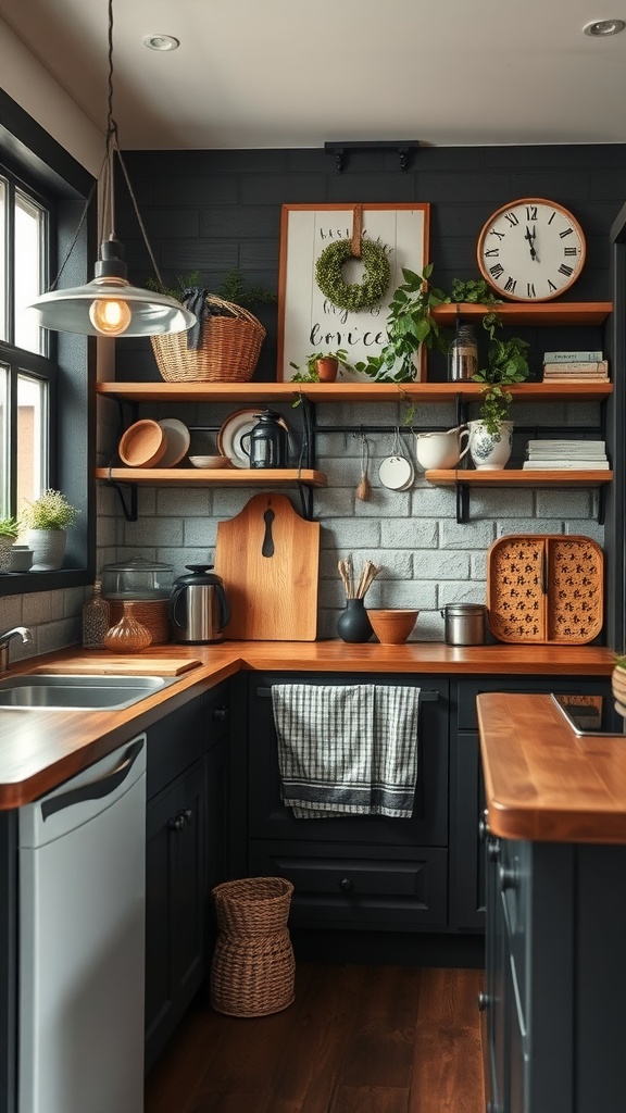 A cozy kitchen featuring black cabinetry, wooden countertops, and rustic decor.