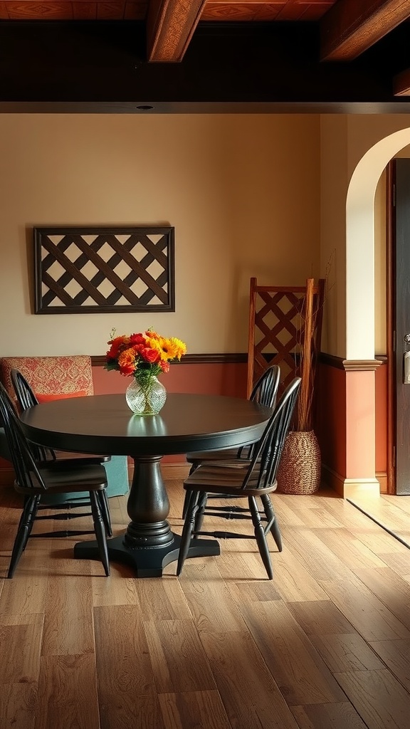 A cozy dining area with a round black table, wooden chairs, and earthy toned walls.