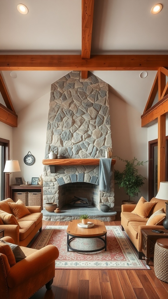 A cozy traditional living room featuring exposed wooden beams, a stone fireplace, warm orange seating, and a wooden coffee table.