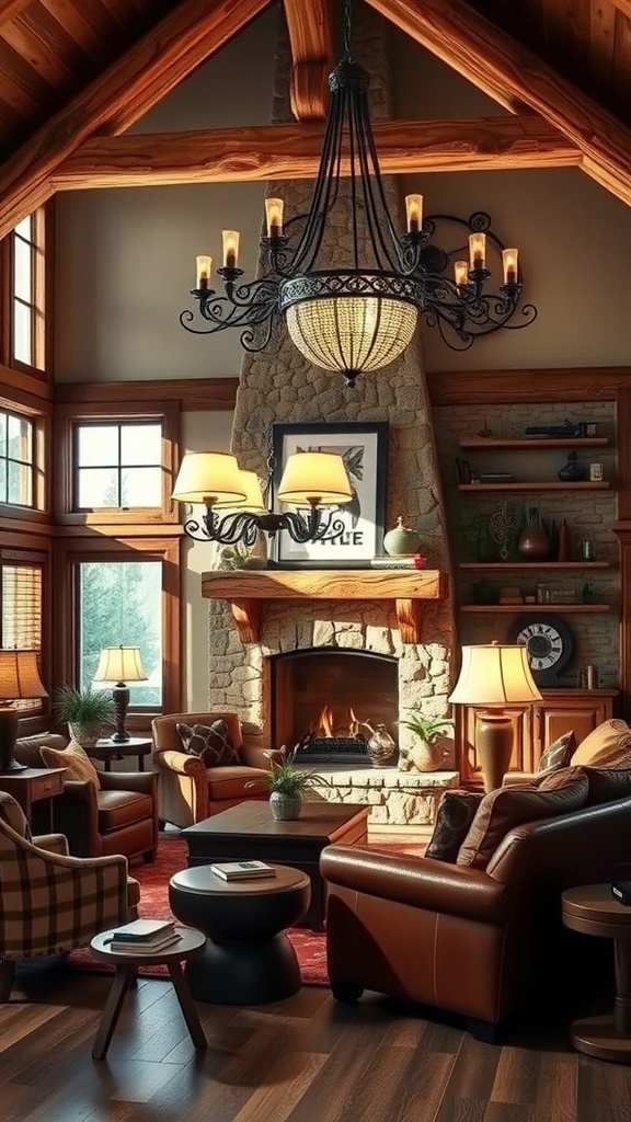 A rustic living room featuring a large chandelier, stone fireplace, and leather furniture.