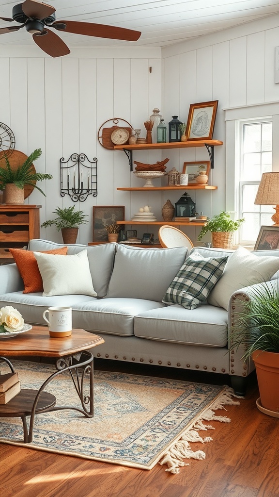 A cozy living room featuring a light grey couch with wooden accents and plants, creating a rustic farmhouse charm.