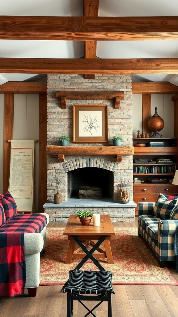 A rustic farmhouse living room featuring wooden beams, a brick fireplace, plaid sofas, and a cozy coffee table.