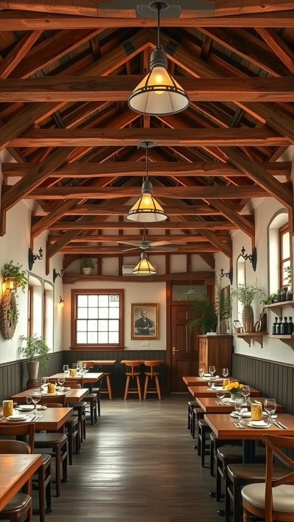 A cozy restaurant interior featuring wooden accents and beams, with simple decor and inviting tables.