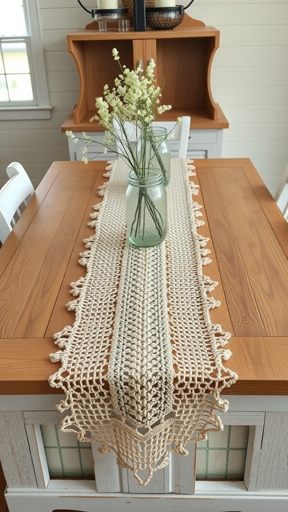 A rustic crochet table runner on a wooden table with glass mason jars holding flowers
