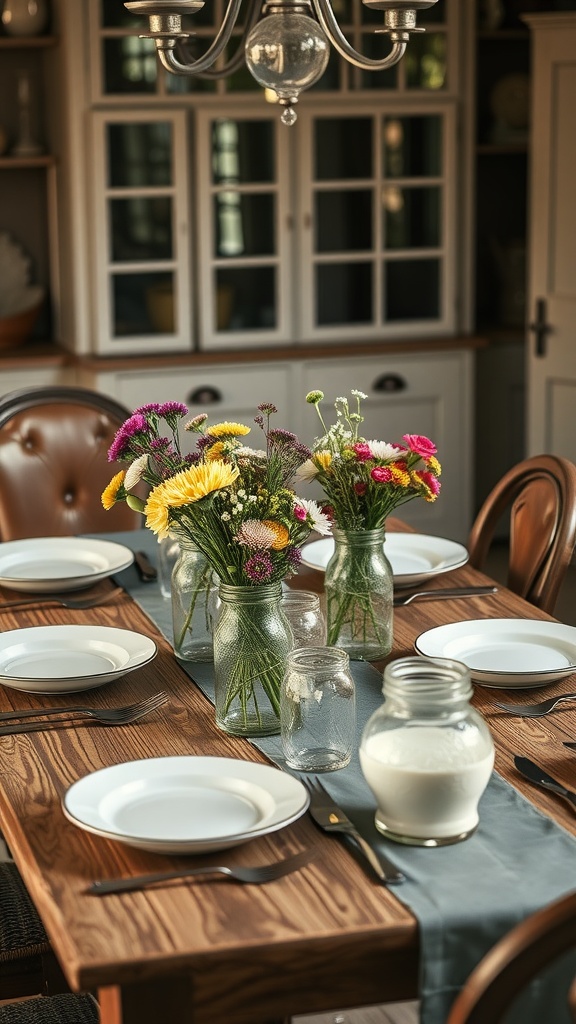 A rustic farmhouse table setting with white plates, mason jars of flowers, and a soft table runner.