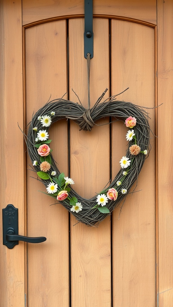 A heart-shaped wreath made of twigs and decorated with flowers, hanging on a wooden door.