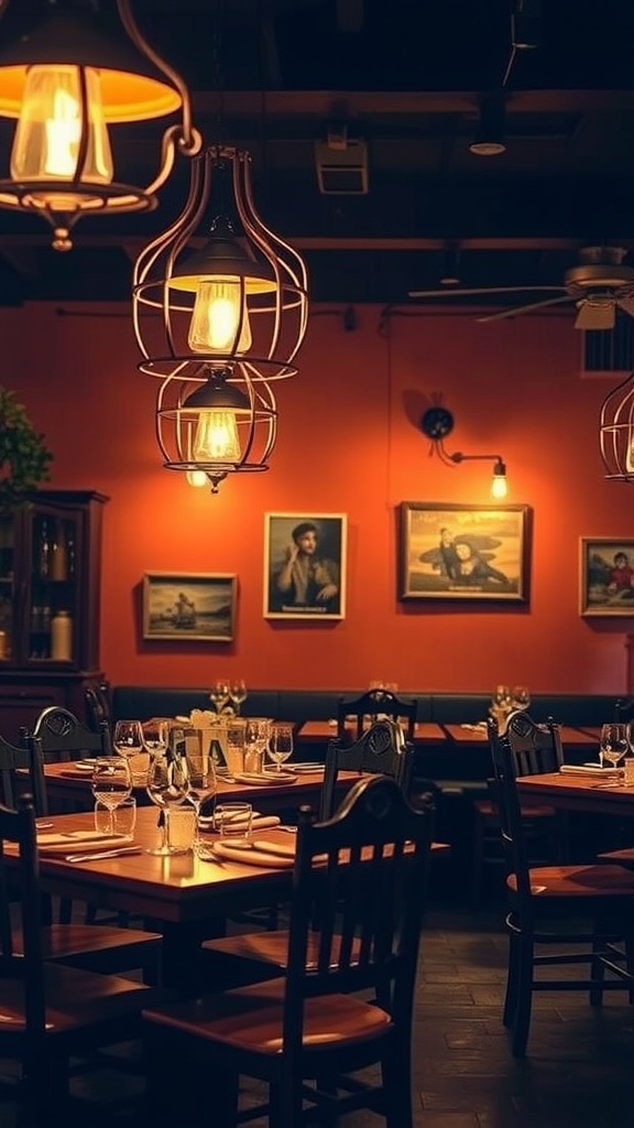 A cozy dining area with rustic iron light fixtures hanging from the ceiling.