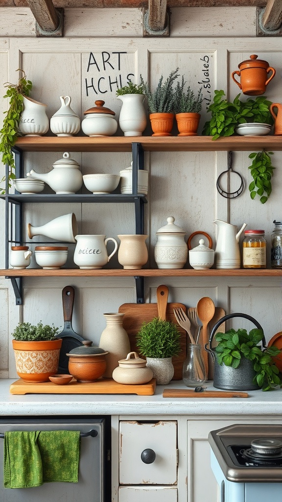 Rustic kitchen decor featuring handmade pottery and fresh herbs on shelves.