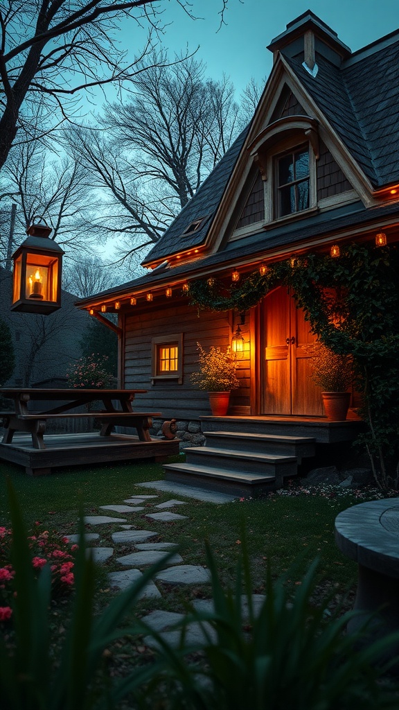 17 Cozy Cottage Exterior Ideas For Inviting Curb Appeal 19 A cozy cottage exterior illuminated with rustic lanterns and warm lights, featuring a pathway and garden.