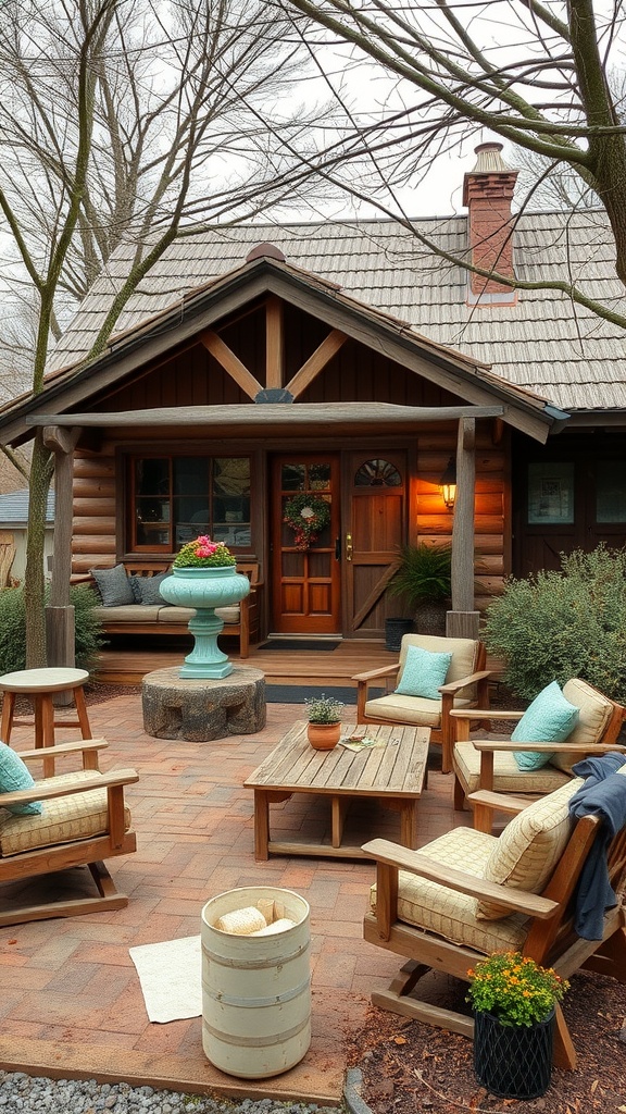 17 Cozy Cottage Exterior Ideas For Inviting Curb Appeal 33 Cozy outdoor area featuring wooden furniture, a fountain, and surrounding greenery