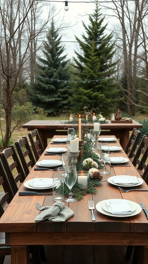 A rustic outdoor dining space featuring a wooden table set for a meal, surrounded by greenery and string lights.