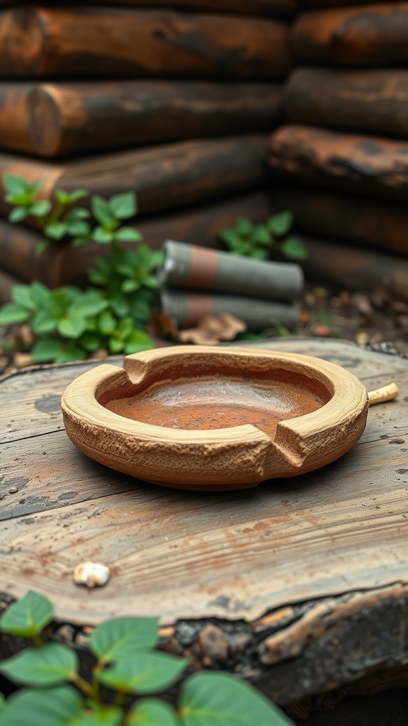 A rustic clay ashtray with a textured finish, placed on a wooden surface surrounded by greenery.