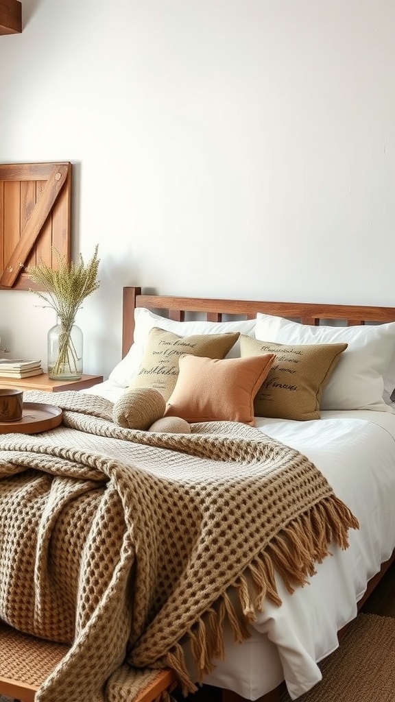 Rustic bedroom with wooden bed frame, knitted blanket, and various pillows in earthy tones.