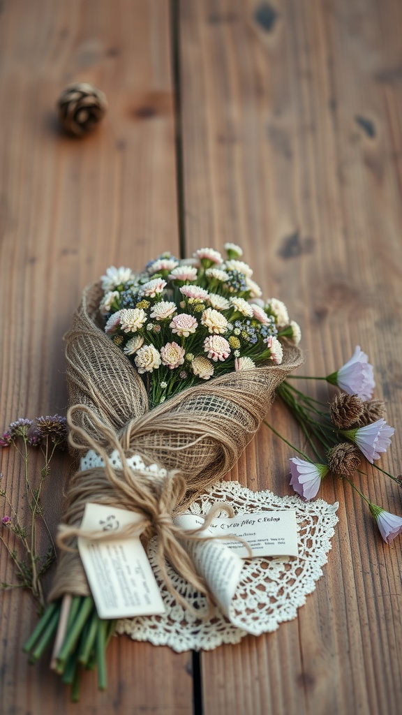 A bouquet wrapped in twine and lace, featuring small flowers on a wooden surface.