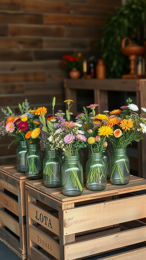 A rustic flower bar with jars of wildflowers on wooden crates.