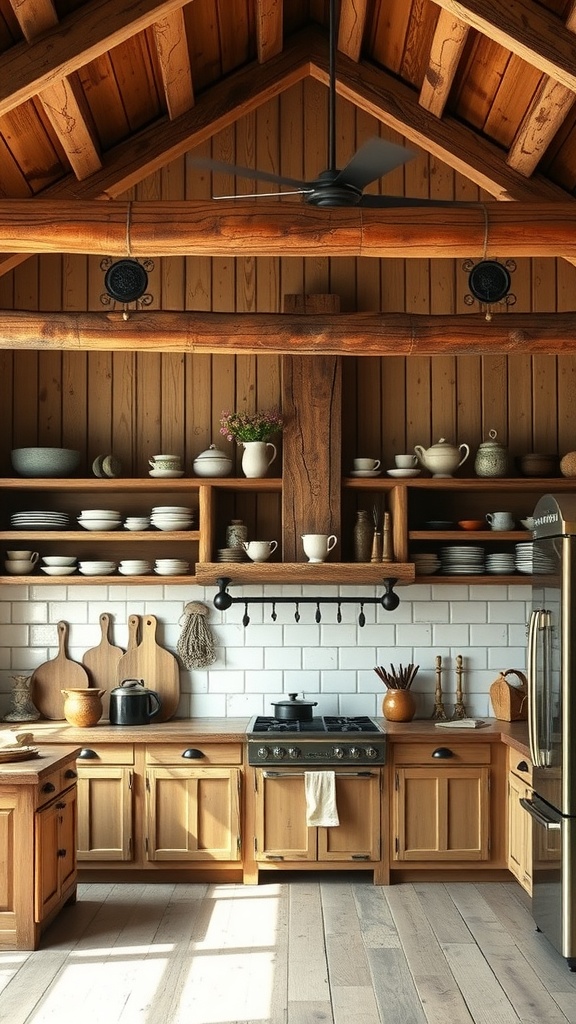 A rustic kitchen featuring wood beams, open shelving with various dishes, and a warm wooden cabinet design.