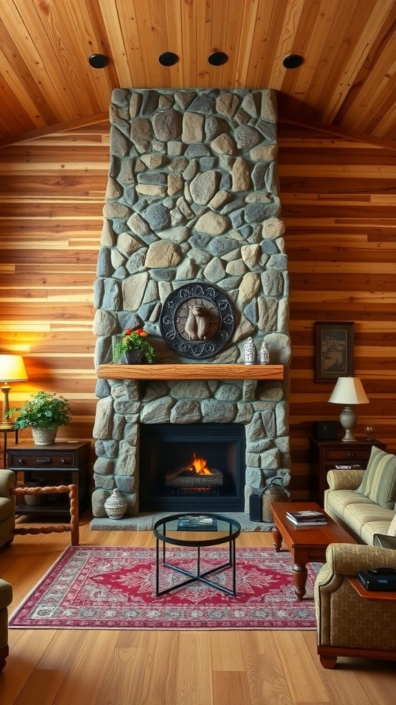 A cozy living room with rustic wood wainscoting, stone fireplace, and warm decor.