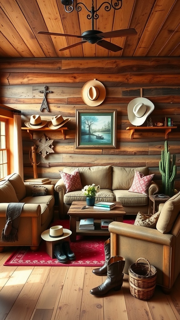 Cozy living room with rustic wooden furniture and western decor elements.