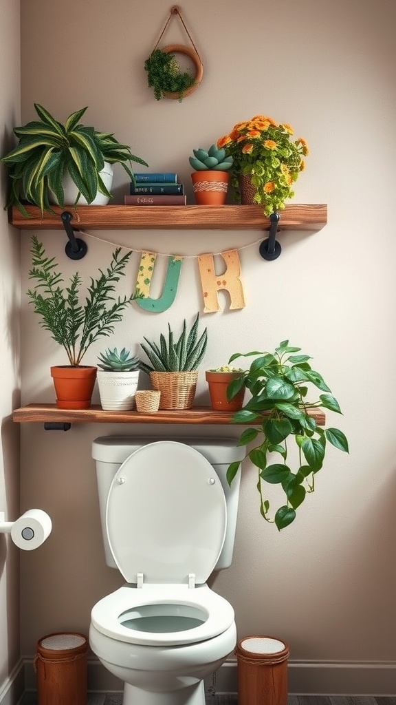 Rustic wooden shelves over a toilet with various plants and decorative items