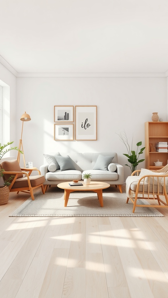 A Scandinavian style living room with light wood flooring, a cozy couch, and simple decor.