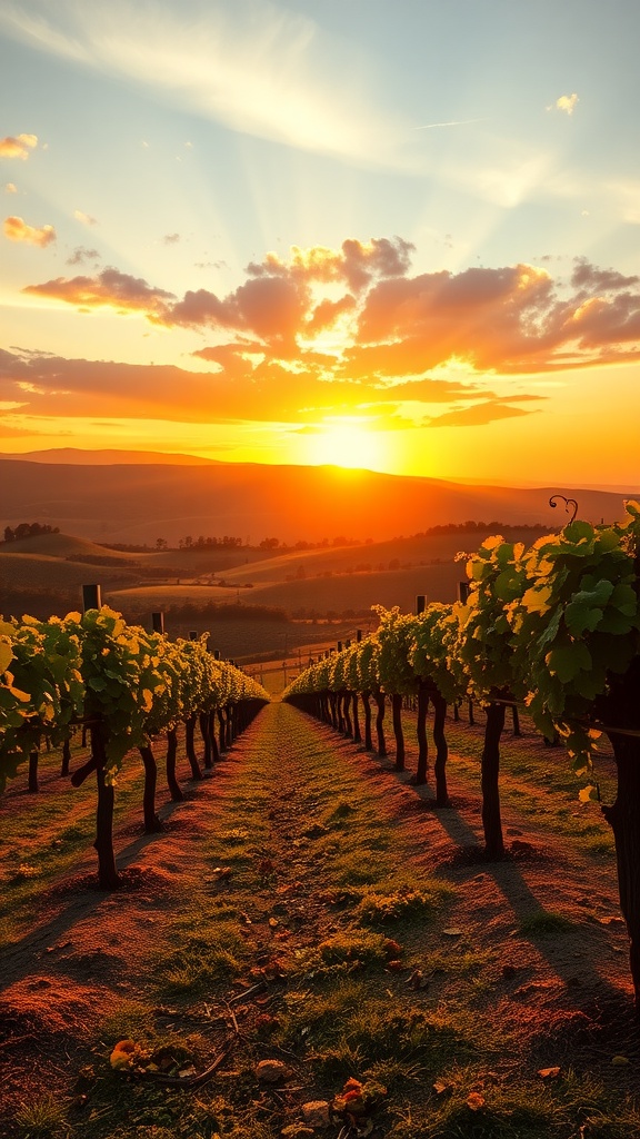 Vineyards at sunset with golden sunlight illuminating the landscape