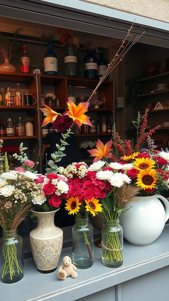 A flower bar featuring a variety of seasonal flowers in vases and jars.