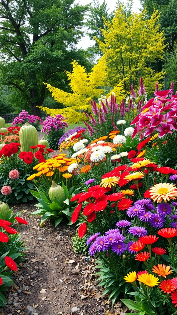 Colorful garden featuring various flowers and greenery.