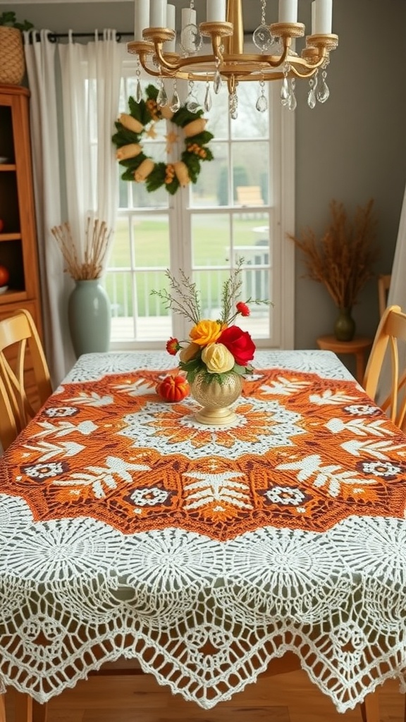 A beautifully arranged dining table featuring a crocheted tablecloth in orange and white with a floral centerpiece and seasonal decorations.