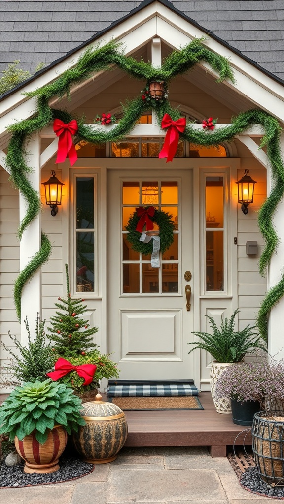17 Cozy Cottage Exterior Ideas For Inviting Curb Appeal 34 Cozy cottage entrance decorated for the holidays with garlands, wreath, small Christmas tree, and potted plants.