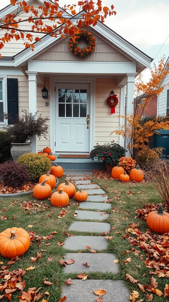 A cozy front yard with pumpkins and autumn decorations, featuring a stone pathway and colorful foliage.