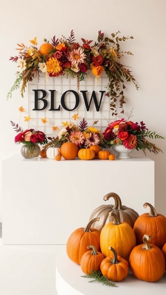 A vibrant autumn bloom bar featuring pumpkins and colorful flowers.