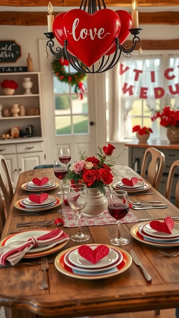 A beautifully set farmhouse table for Valentine's Day, featuring red hearts, floral arrangements, and decorative elements.