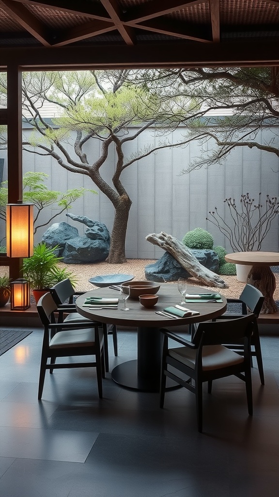 Zen garden inspired restaurant interior with table and chairs, featuring natural elements.