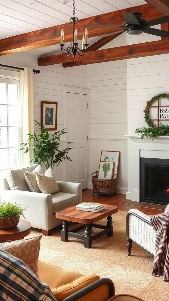 A cozy living room featuring shiplap wainscoting, wooden beams, and stylish furniture.