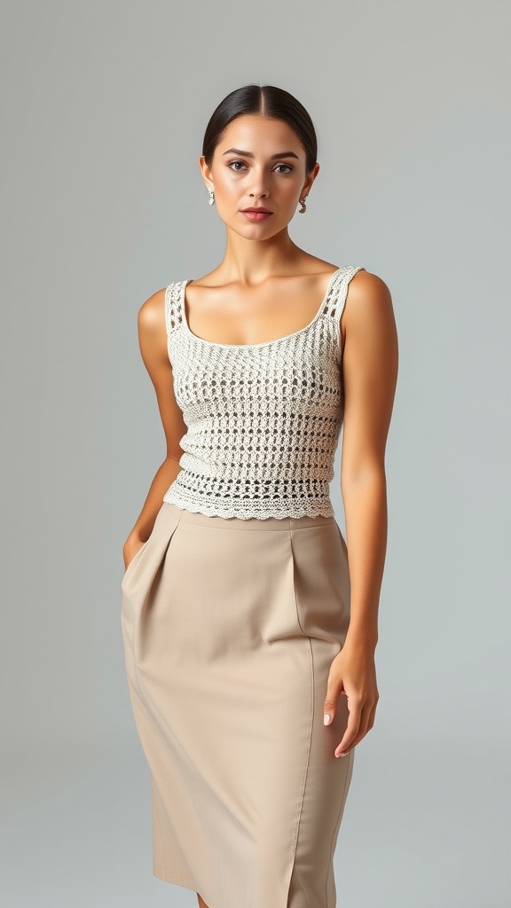 A model wearing a crochet square neck top and a matching skirt, showcasing a stylish two-piece outfit.