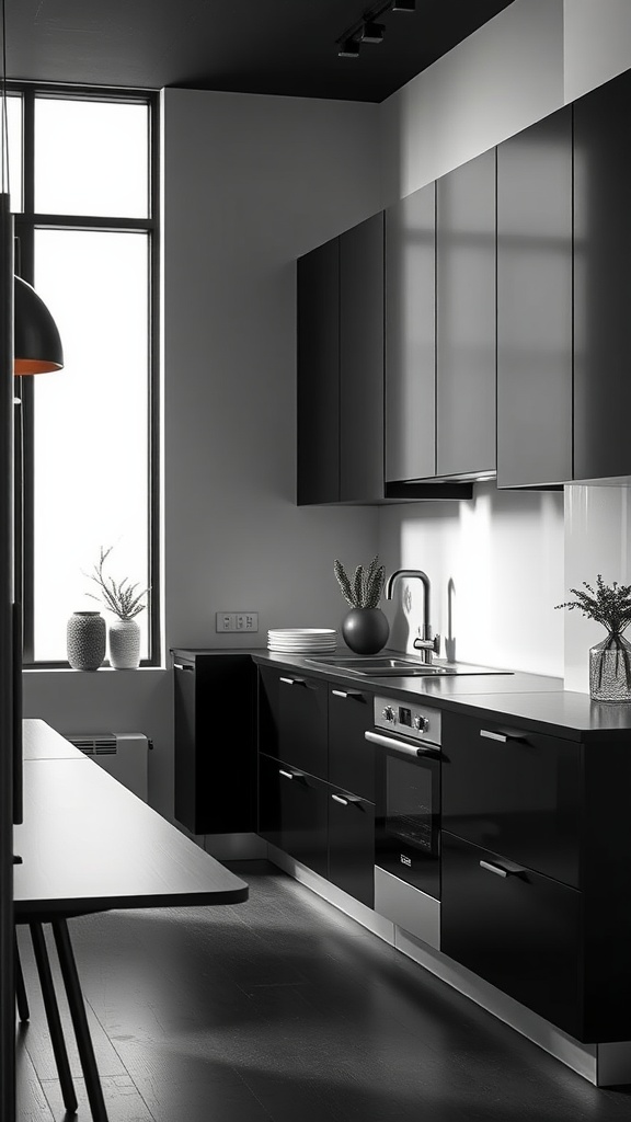 A sleek black minimalist kitchen featuring glossy black cabinets, a modern sink, and a hint of greenery.