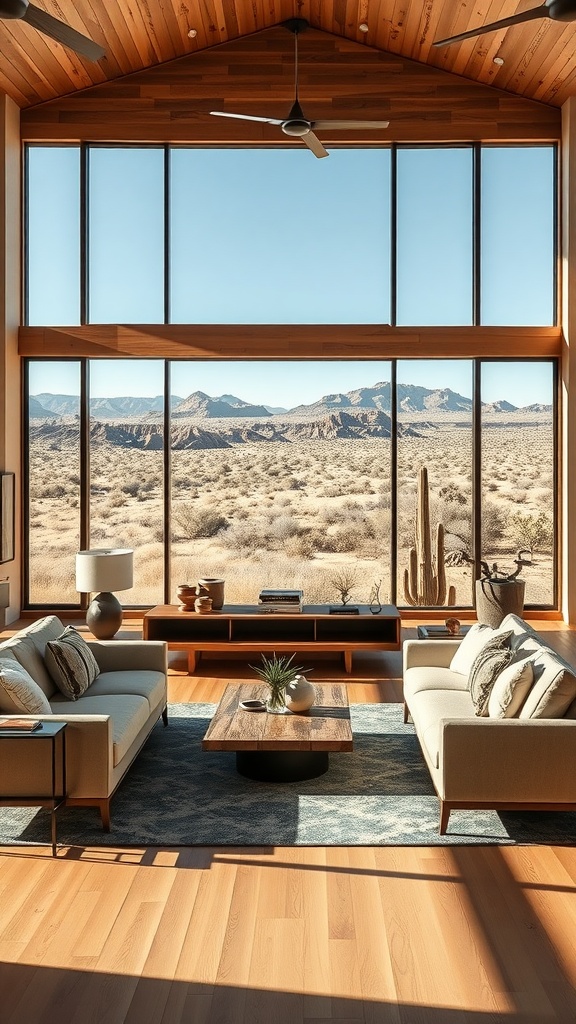 Modern Western living room featuring large windows, wooden ceilings, and minimalist furniture with desert views.