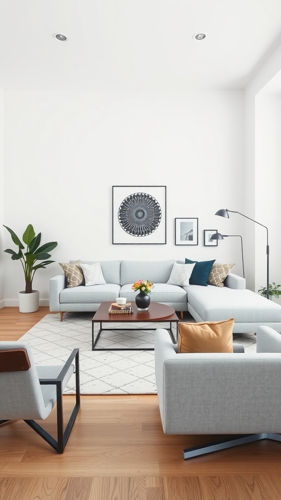 Modern living room featuring a light grey couch, geometric pillows, a wooden coffee table, and green plants.