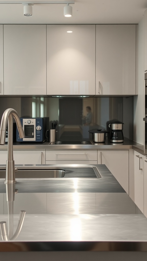 Modern kitchen with sleek stainless steel countertop and appliances