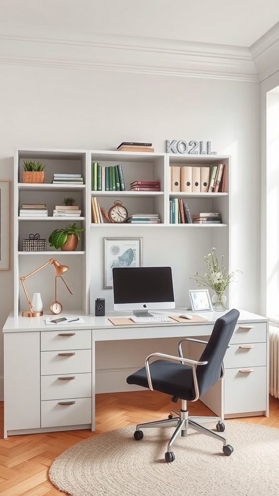 A modern and organized home office with a desk, computer, and shelves filled with books and decorative items.