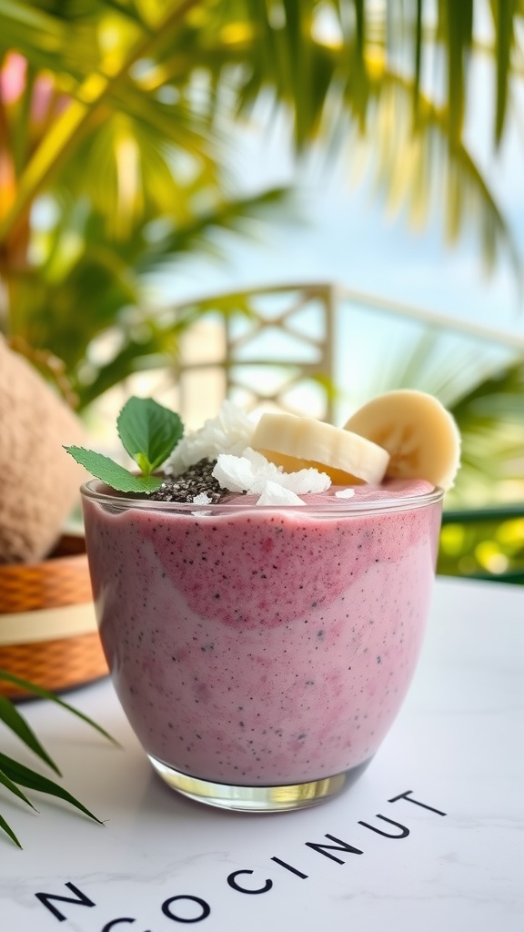 Smoothie bowl topped with coconut flakes, banana slices, and chia seeds.