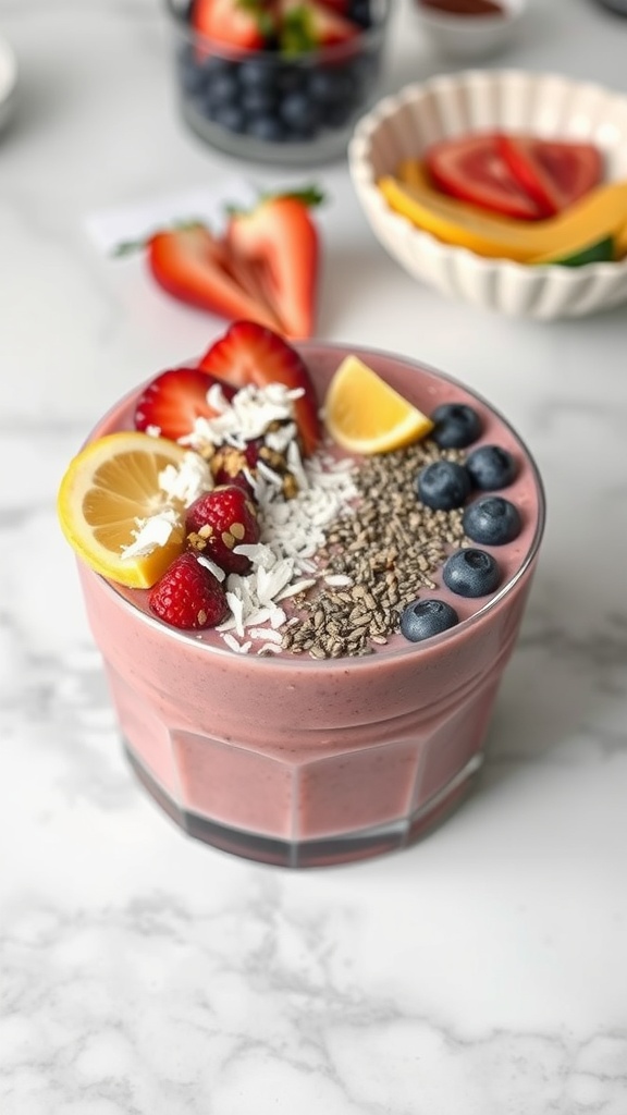 A vibrant smoothie bowl topped with fresh fruits and coconut flakes.