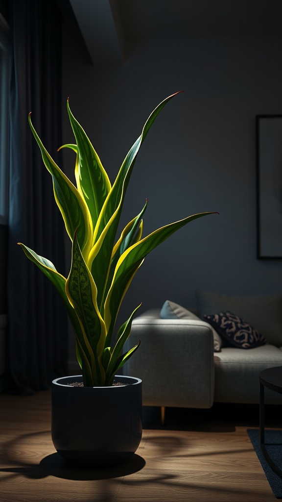 A vibrant Snake Plant in a stylish pot, illuminated in a cozy living room setting.