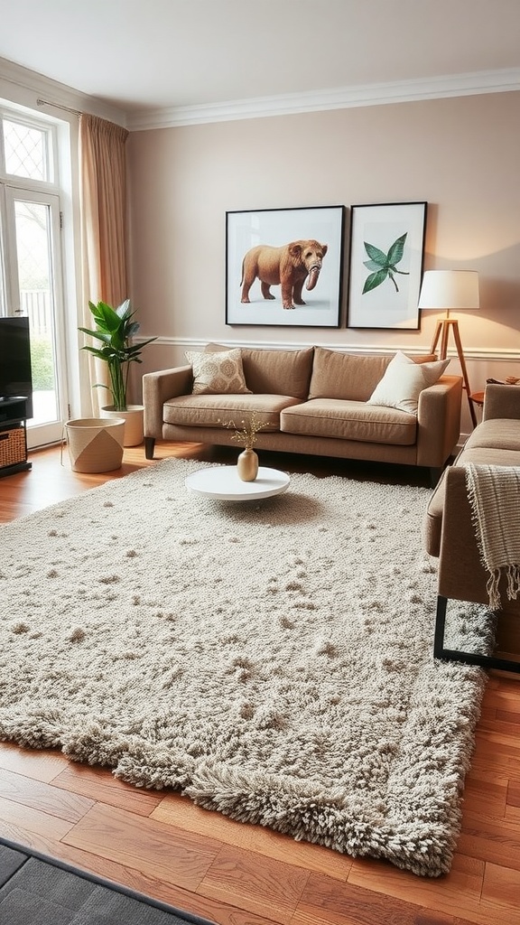 A cozy living room featuring a fluffy area rug, a beige sofa, and decorative artwork on the walls.