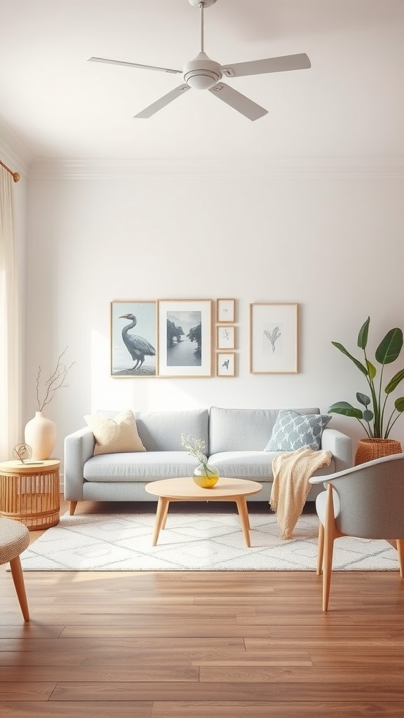 A cozy living room featuring a light grey couch with pastel accents, wooden furniture, and indoor plants.