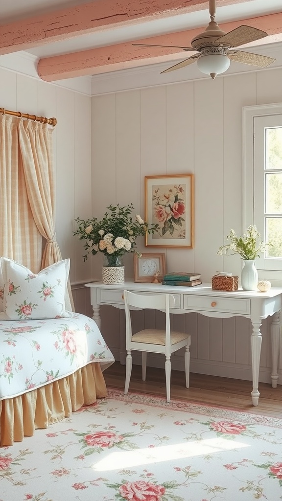 A beautifully decorated bedroom in soft pastels featuring floral patterns on bedding and a rug, with a rustic ceiling and a charming desk.