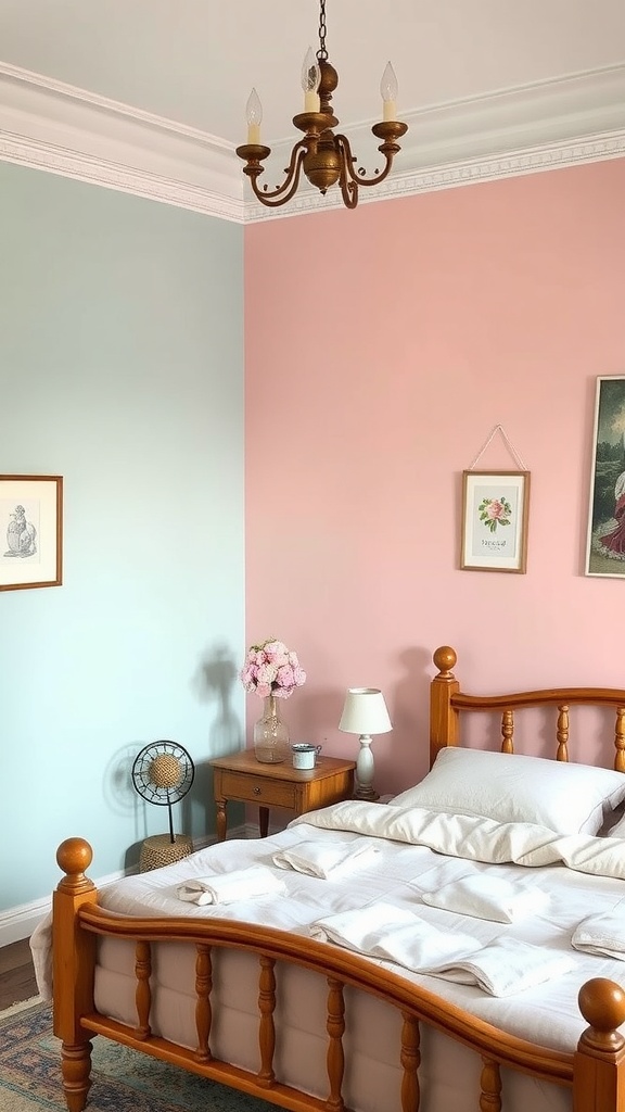 A bedroom featuring soft pastel walls in blue and pink, complemented by a rustic wooden bed and chair rail.