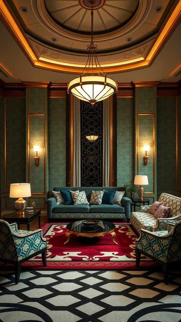 A luxurious Art Deco living room featuring teal walls, golden accents, plush furniture, and an intricate rug.