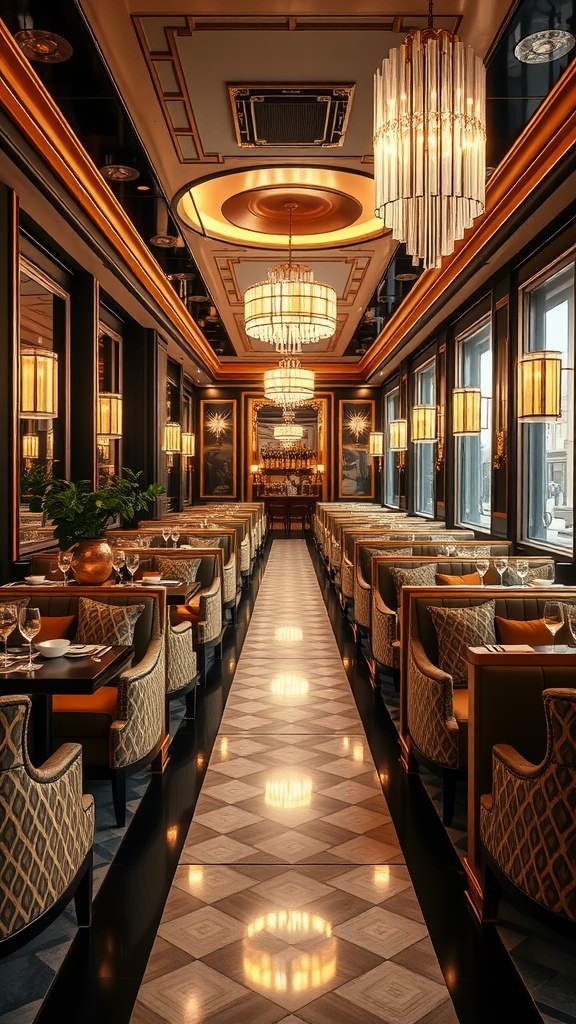 Restaurant interior showcasing Art Deco design with elegant chandeliers and luxurious seating.